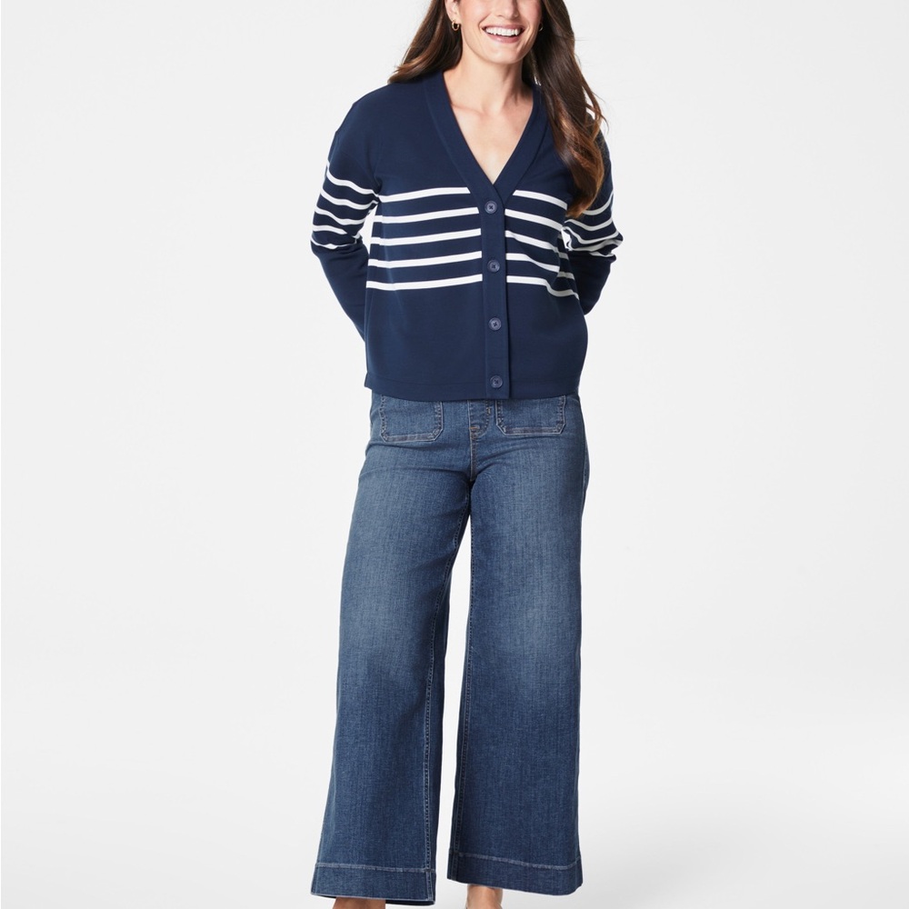 Spanx AirEssentials Striped V-Neck Blue White Button Front Cardigan Sweater Top